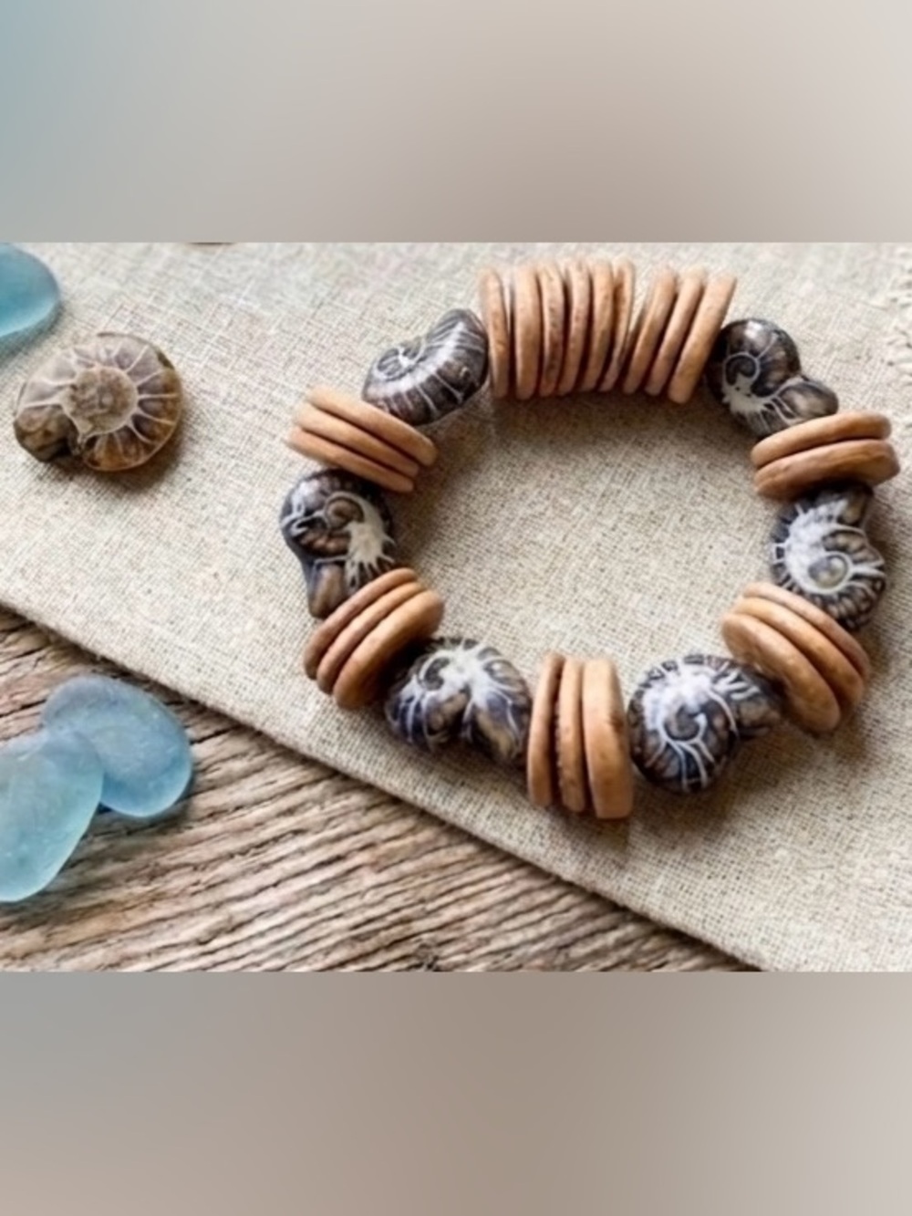 Handcrafted Brown & Gray Fossil Bead Stretch Bracelet - Artisan Jewelry